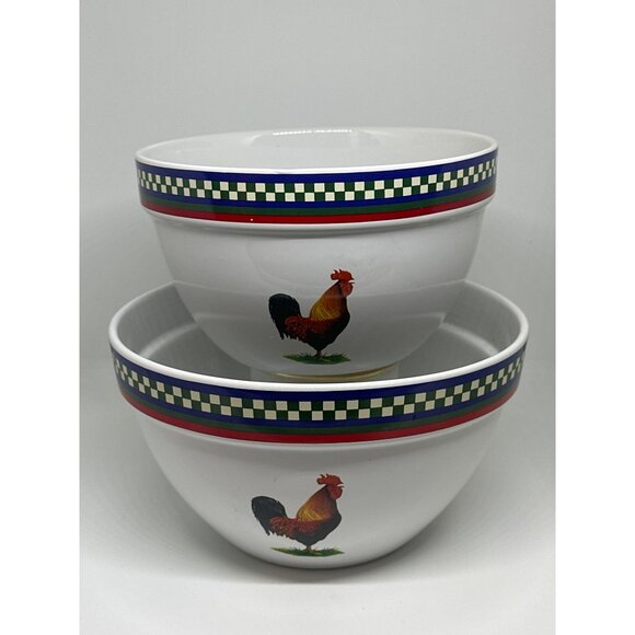 VTG International Rooster Bowls Set 2 Farmhouse Mixing & Serving Bowls 8.5" & 7" - Picture 2 of 9
